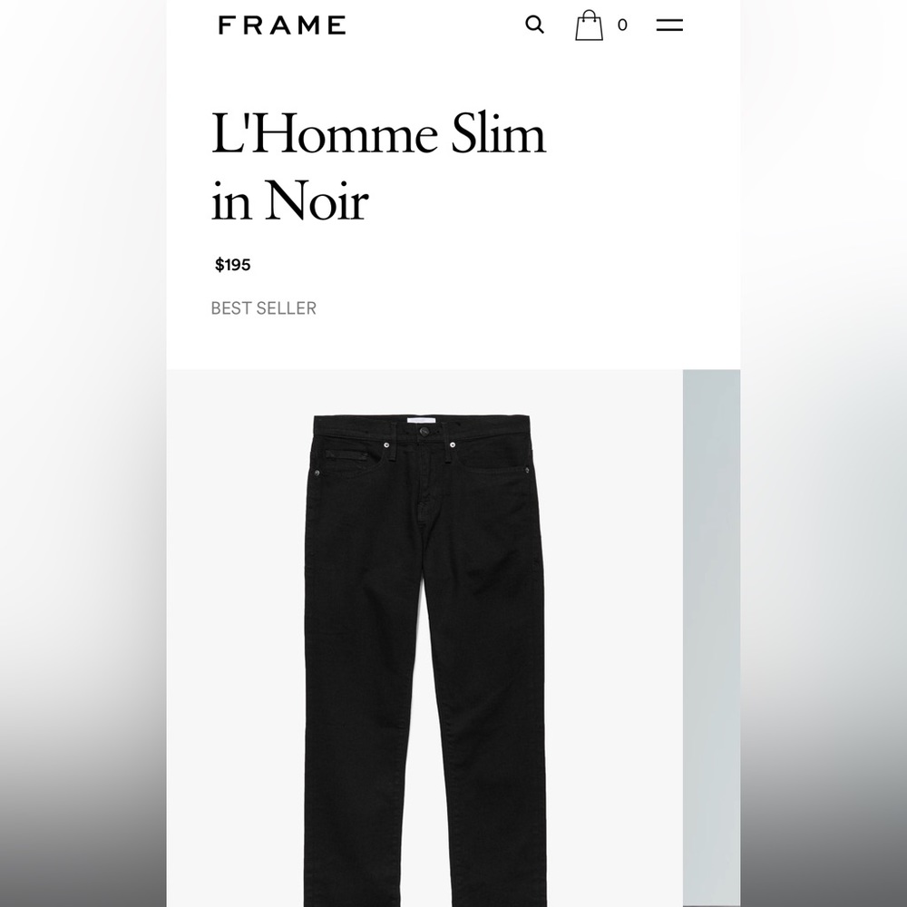 FRAME L’Homme Slim “Noir” soft denim twill. 31W.